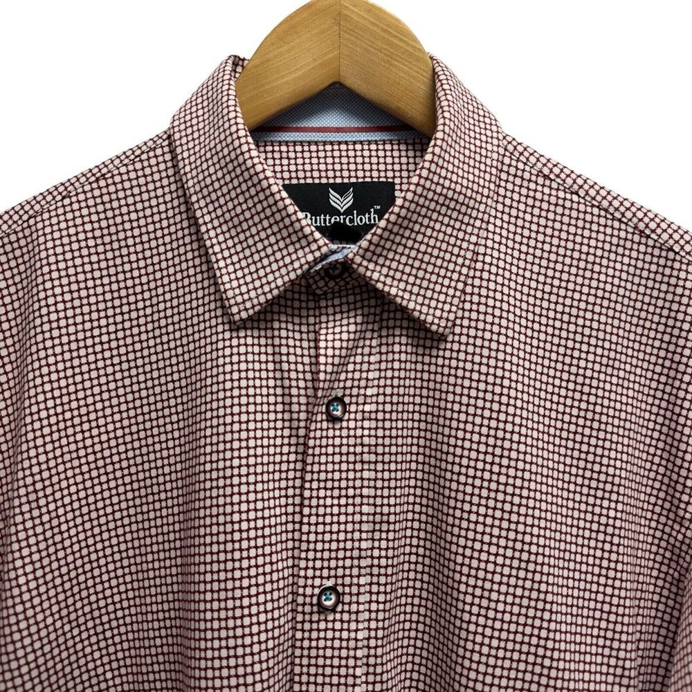 Butter Cloth Men's Size Large Button Front Shirt Red/White Geometric Squares euc